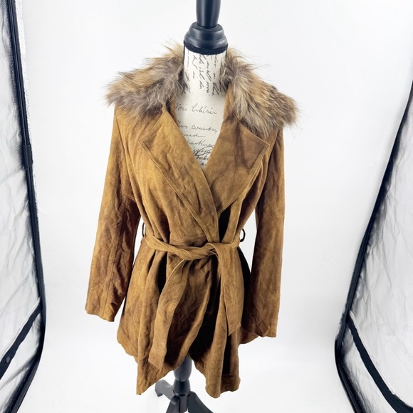 ✅ DOUBLE D RANCH BROWN SUEDE JACKET W/ FAUX FUR REMOVABLE COLLAR X-SMALL WESTERN